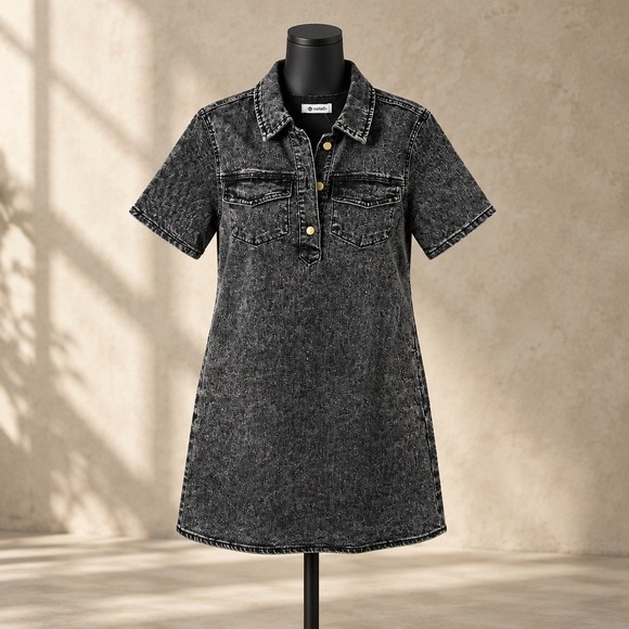 Wenrine Dresses & Skirts - Wenrine Charcoal Grey Short Sleeve Denim Shirt Dress with Pockets Women's Small
